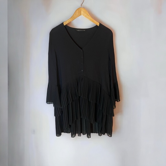 ZARA Pleated Black Dress Casual Party Festival Cowgirl Medium Spring Vacation - Picture 2 of 4